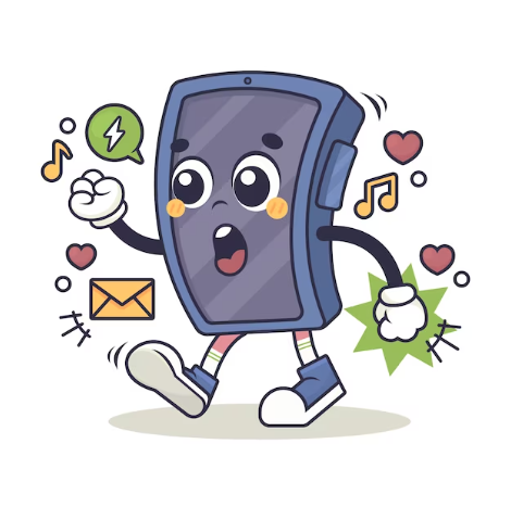 animation of cellphone with hands and legs little message surrounding it.